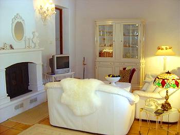 Wohnraum mit Couch und Kamin